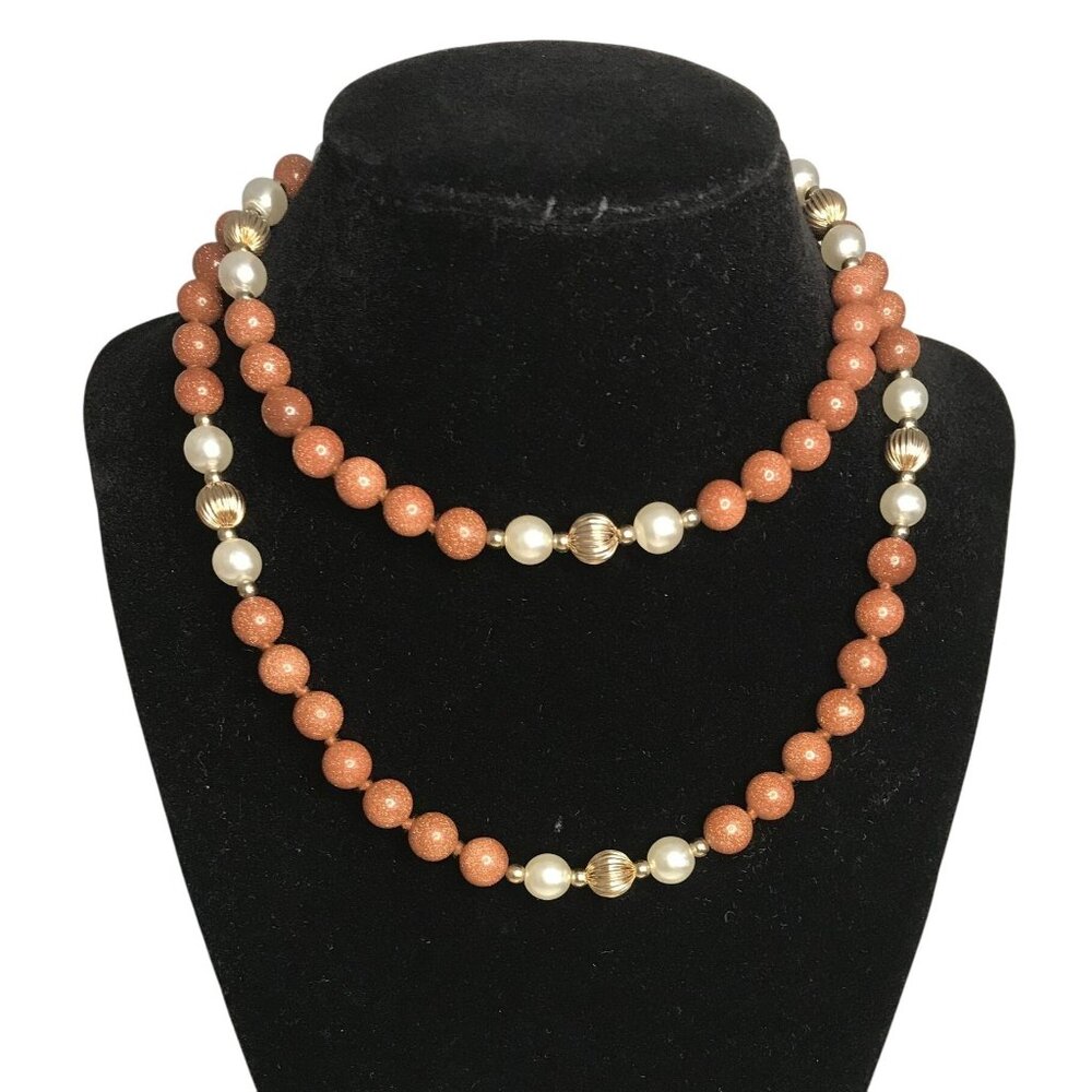 Goldstone & Faux Pearl Double-Strand Necklace With Gold-Tone Accents